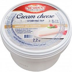 Сыр творожный сливочный "Cream Cheese для роллов и чизкейка" President Professional 2.2кг, 65%